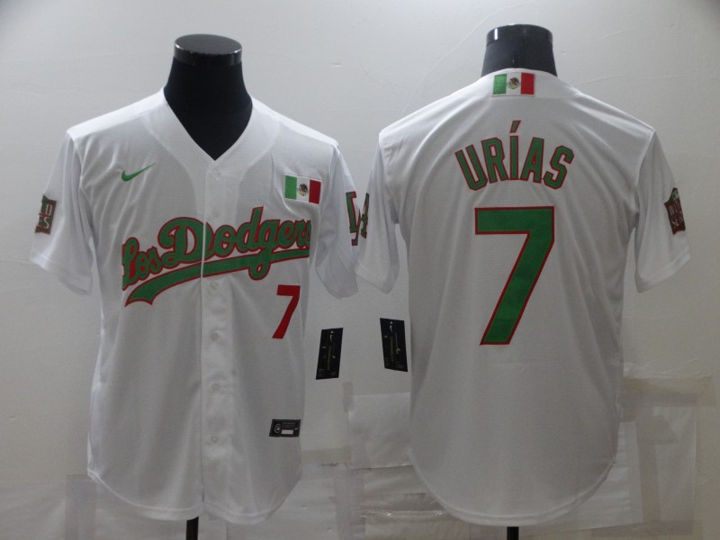 Men's Los Angeles Dodgers #7 Julio Urias White Green Cool Base Stitched Baseball Jersey