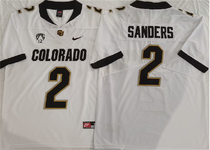 Men's Colorado Buffaloes #2 Shedeur Sanders White 2023 With PAC-12 Patch Stitched Football Jersey