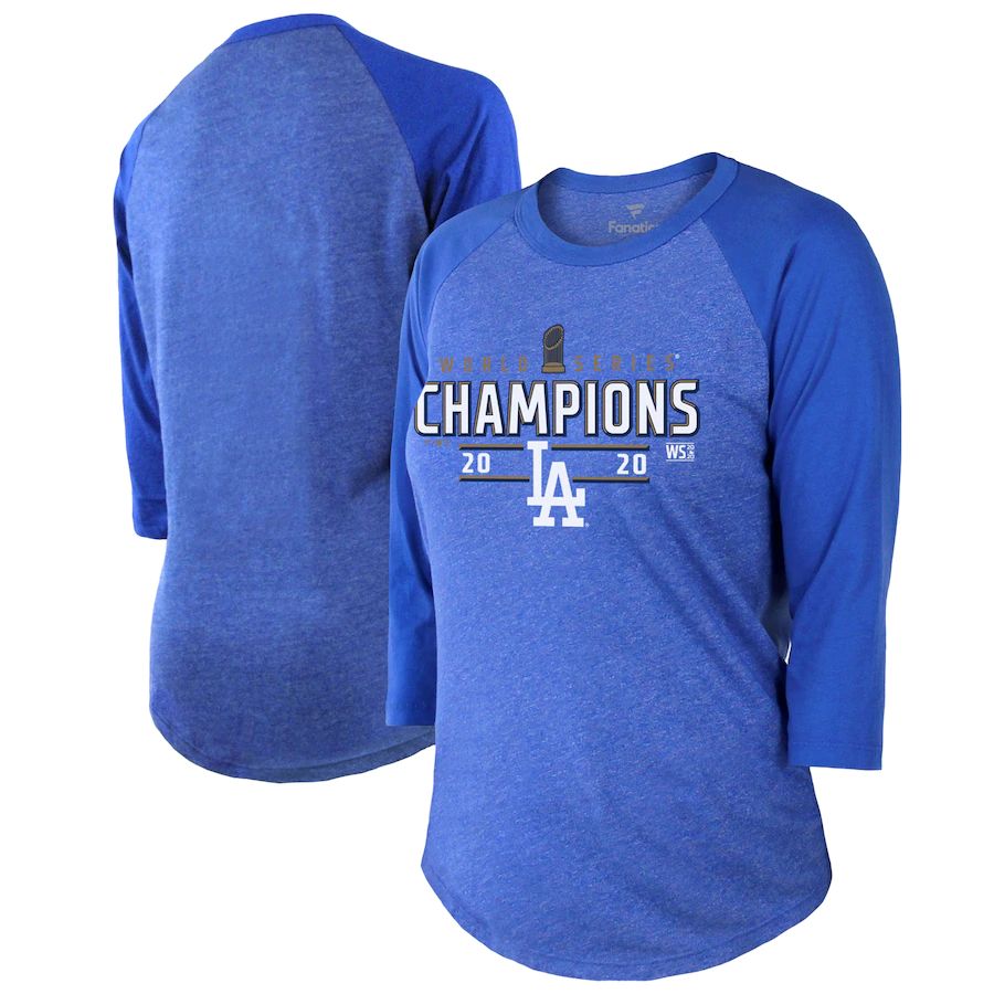 Los Angeles Dodgers Women's 2020 World Series Champions Locker Room Tri-Blend Raglan 3 4-Sleeve T-Shirt Royal