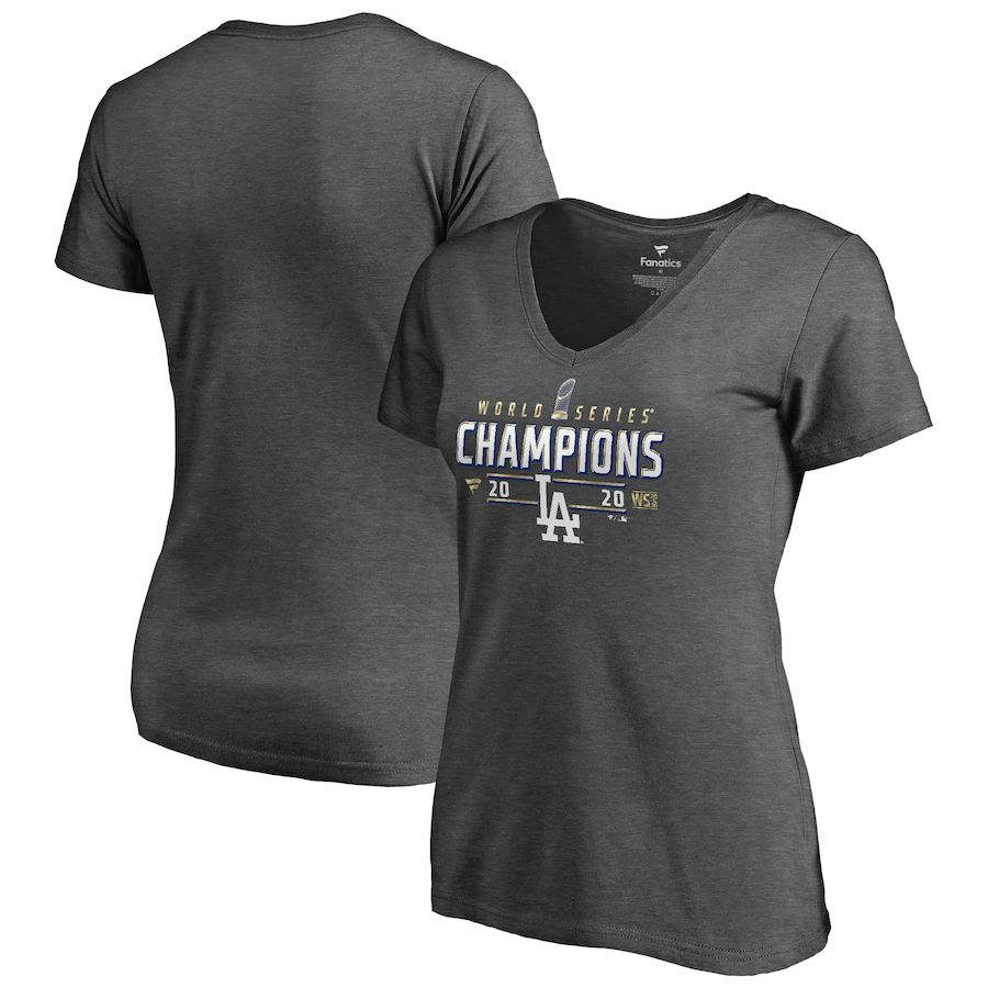 Los Angeles Dodgers Women's 2020 World Series Champions Locker Room Plus Size V-Neck T-Shirt Heather Charcoal