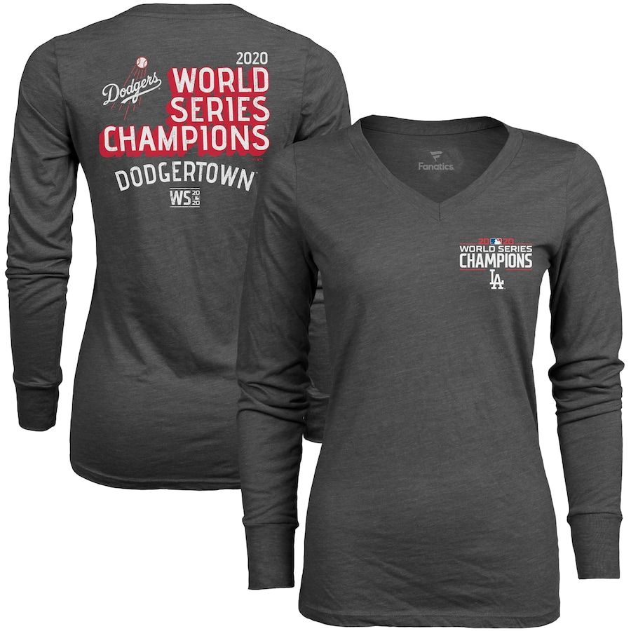 Los Angeles Dodgers Women's 2020 World Series Champions Winner Takes All V-Neck Long Sleeve T-Shirt Charcoal