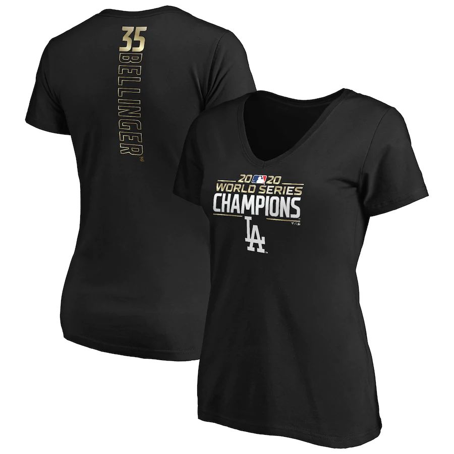 Los Angeles Dodgers Cody Bellinger Women's 2020 World Series Champions Name & Number V-Neck T-Shirt Black