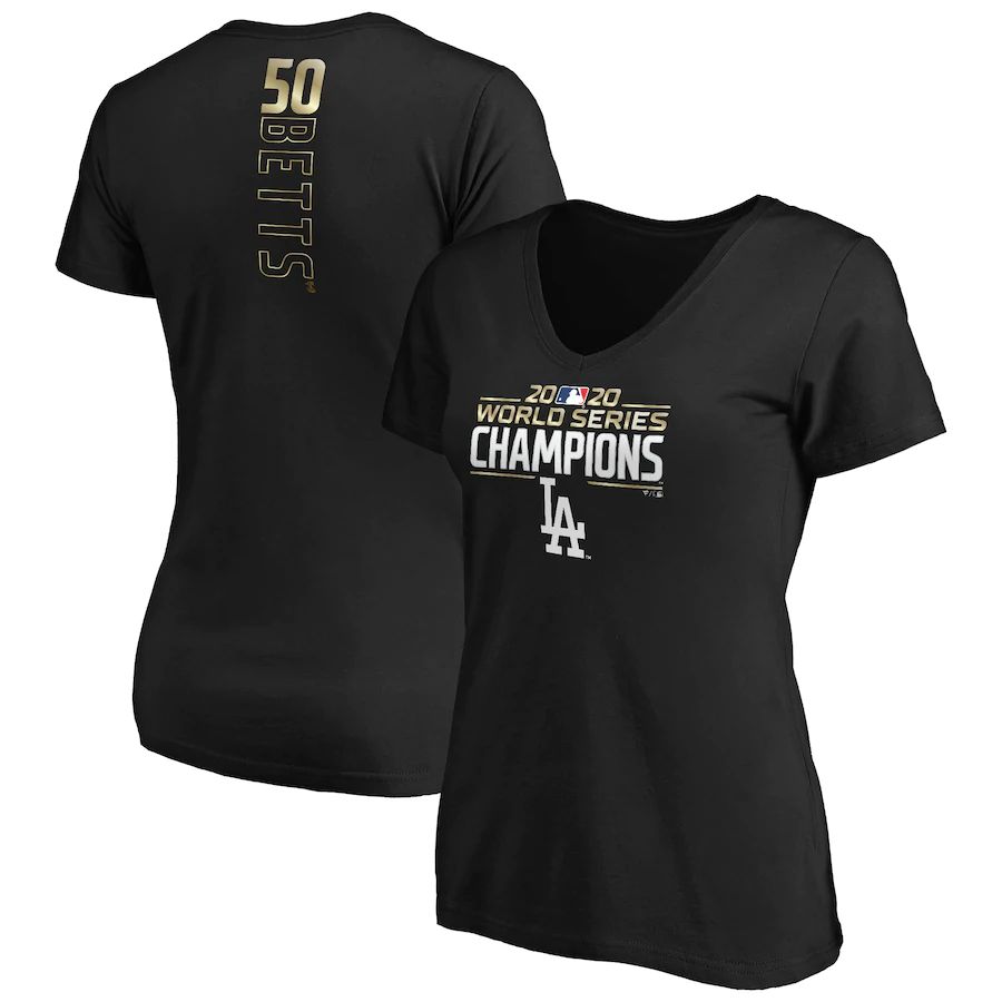 Los Angeles Dodgers Mookie Betts Women's 2020 World Series Champions Name & Number V-Neck T-Shirt Black