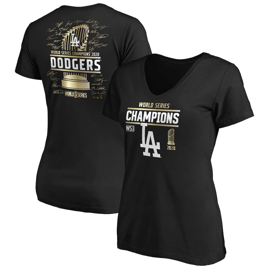 Los Angeles Dodgers Women's 2020 World Series Champions Signature Roster V-Neck T-Shirt Black