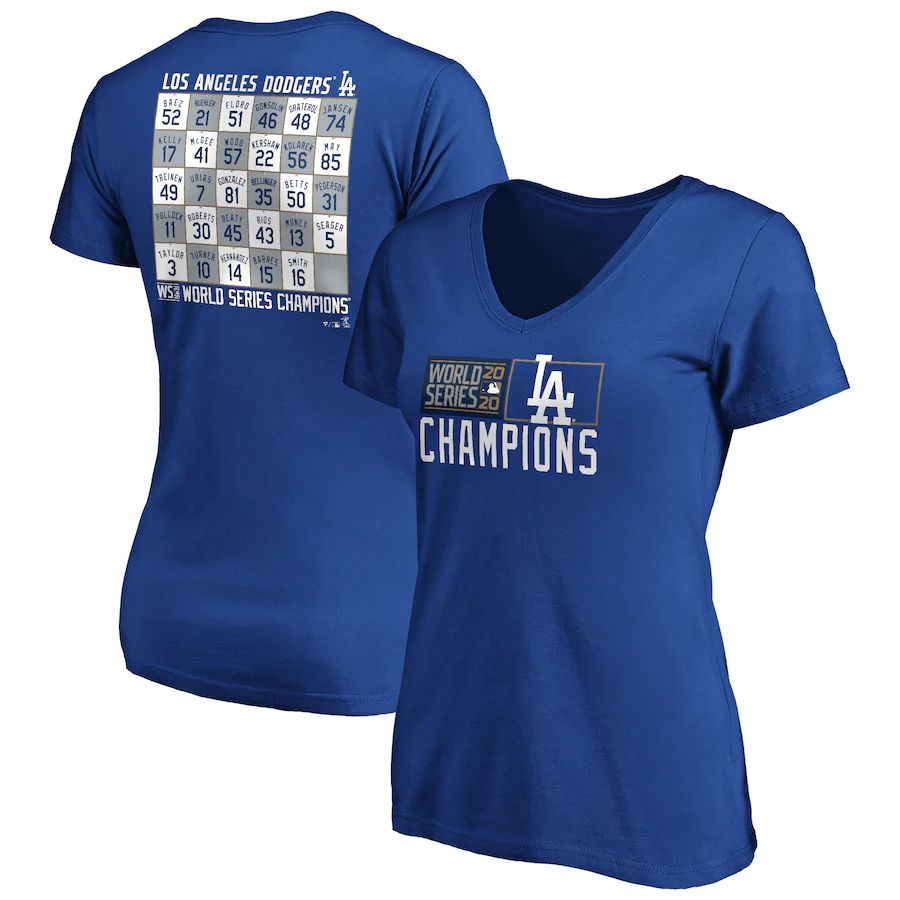 Los Angeles Dodgers Women's 2020 World Series Champions Jersey Roster V-Neck T-Shirt Royal