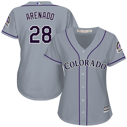 Rockies #28 Nolan Arenado Grey Road Women's Stitched MLB Jersey