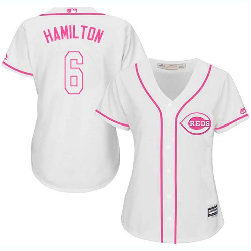 Reds #6 Billy Hamilton White Pink Fashion Women's Stitched MLB Jersey