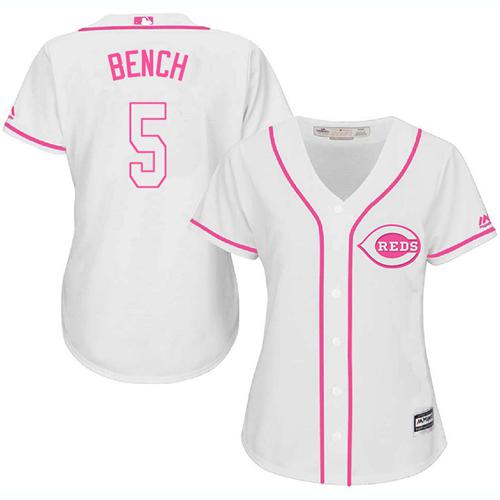 Reds #5 Johnny Bench White Pink Fashion Women's Stitched MLB Jersey