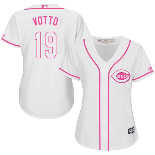 Reds #19 Joey Votto White Pink Fashion Women's Stitched MLB Jersey