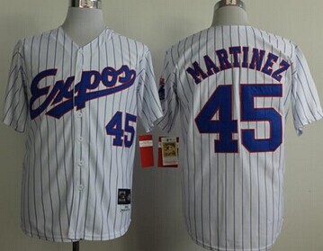 Montreal Expos #45 Pedro Martinez White(Black Strip) Mitchell And Ness 1982 Throwback Stitched Baseball Jersey