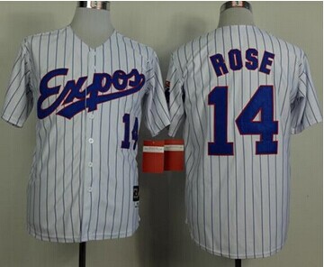 Montreal Expos #14 Pete Rose White(Black Strip) Mitchell And Ness 1982 Throwback Stitched Baseball Jersey