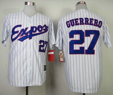 Montreal Expos #27 Vladimir Guerrero White Blue Strip Mitchell and Ness 2000 Throwback Baseball Jersey