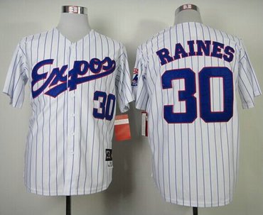 Montreal Expos #30 Tim Raines White Blue Strip Mitchell and Ness 1982 Throwback Baseball Jersey