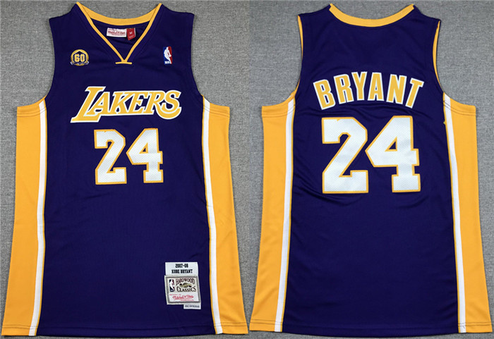 Men's Los Angeles Lakers #24 Kobe Bryant Purple 60th Anniversary Throwback Basketball Jersey