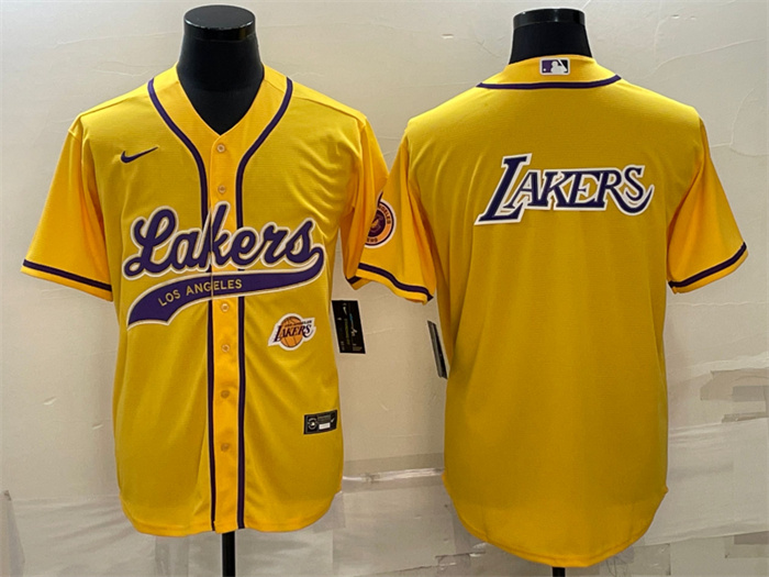 Men's Los Angeles Lakers Yellow Big Logo With Patch Cool Base Stitched Baseball JerseyS