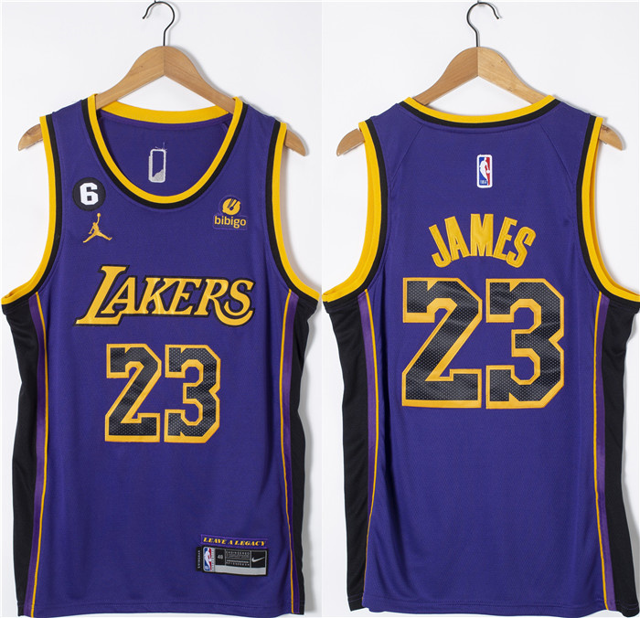 Men's Los Angeles Lakers #23 LeBron James Purple With NO.6 Patch Stitched Basketball Jersey