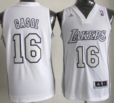 Los Angeles Lakers 16 Pau Gasol White Revolution 30 Swingman Jerseys Silver Number Christmas Style