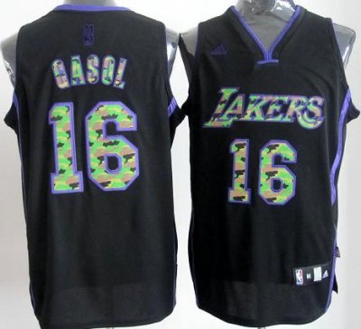 Los Angeles Lakers 16 Pau Gasol Black Revolution 30 Swingman NBA Jerseys Camo Number