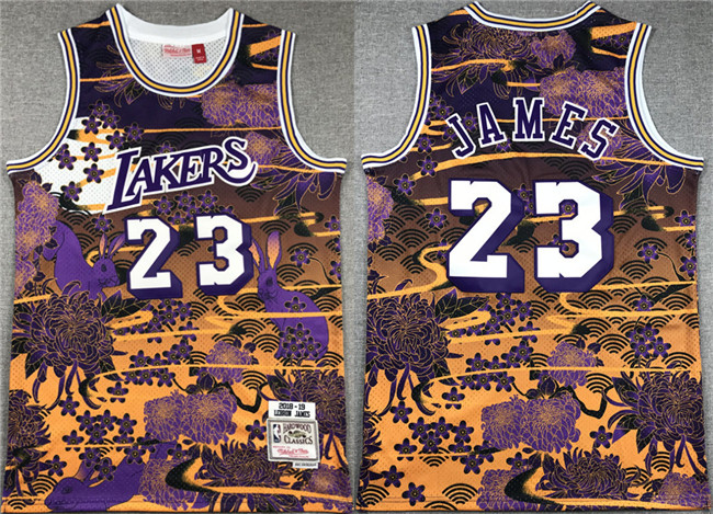 Men's Los Angeles Lakers #23 LeBron James Purple Yellow Throwback Basketball Jersey