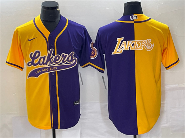 Men's Los Angeles Lakers Gold Purple Split Team Big Logo Cool Base Stitched Baseball Jerseys