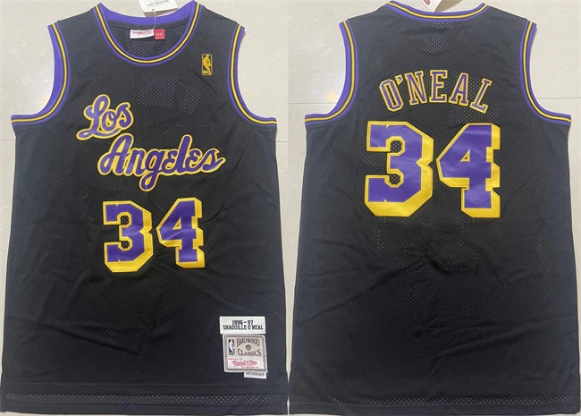 Men's Los Angeles Lakers #34 Shaquille O'Neal Black 1997-98 Black Throwback Basketball Jersey