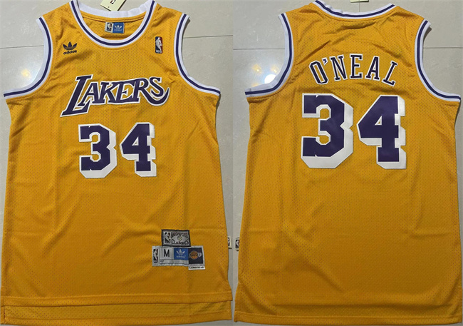 Men's Los Angeles Lakers ##34 Shaquille O'Neal Yellow Throwback Basketball Jersey