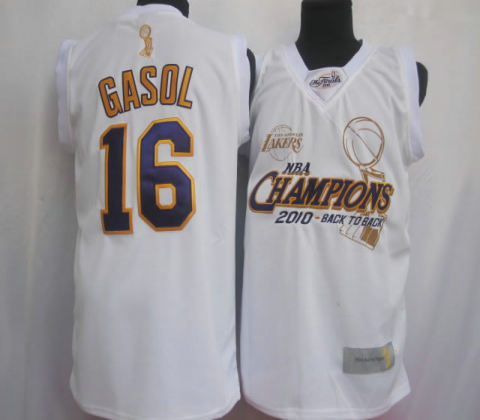 Los Angeles Lakers 16 Pau Gasol 2010 NBA Finals Champions white Jersey