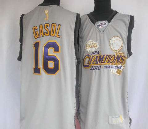 Los Angeles Lakers 16 Pau Gasol 2010 NBA Finals Champions gray Jersey