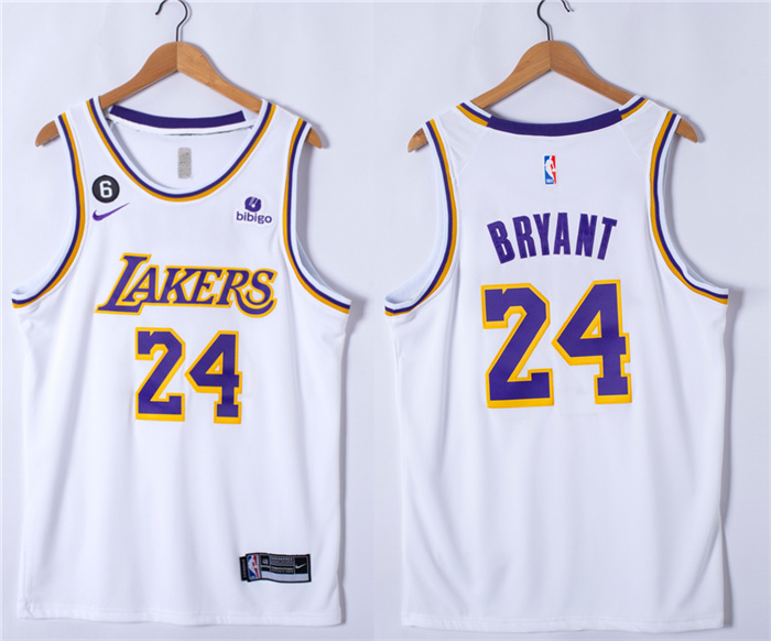 Men's Los Angeles Lakers #24 Kobe Bryant White With NO.6 Patch Stitched Basketball Jersey