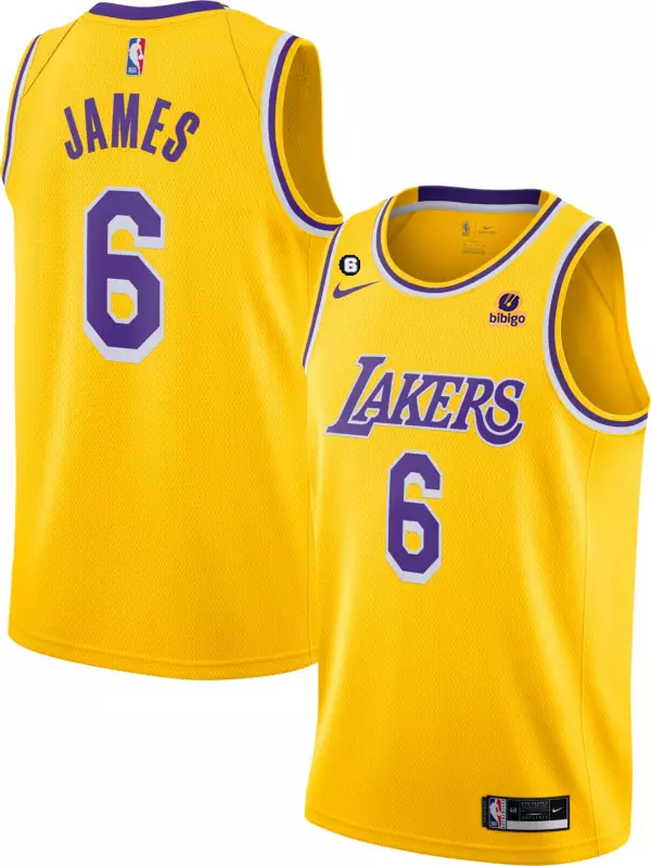 Men's Los Angeles Lakers #6 LeBron James Yellow No.6 Patch Stitched Basketball Jersey