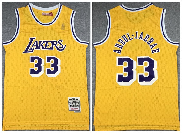 Men's Los Angeles Lakers #33 Kareem Abdul-Jabbar Yellow Hardwood Classics Throwback Stitched Jersey