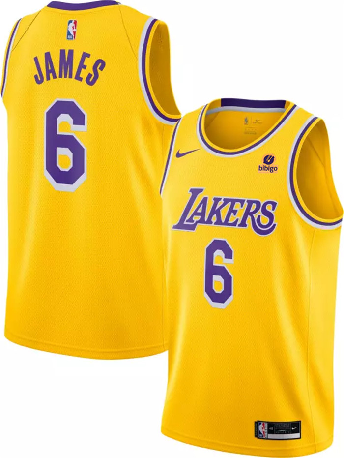 Men's Los Angeles Lakers #6 LeBron James Bibigo Yellow Stitched Basketball Jersey