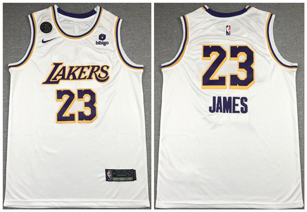 Men's Los Angeles Lakers #23 LeBron James Bibigo White With KB Patch Stitched Jersey