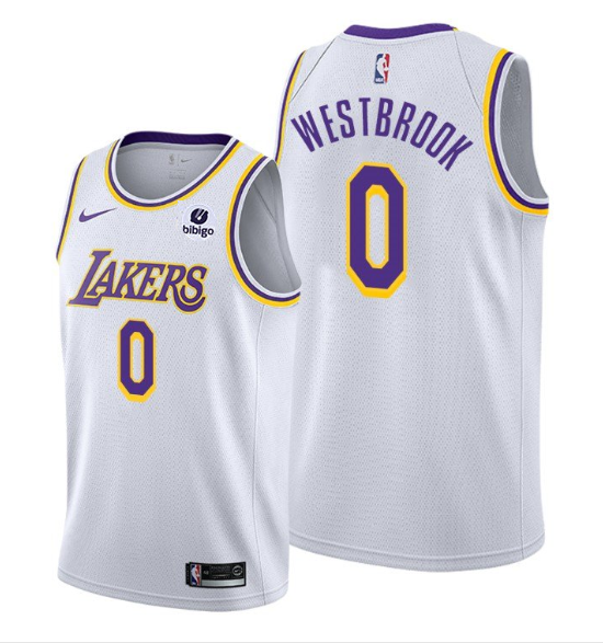 Men's Los Angeles Lakers #0 Russell Westbrook Bibigo White Stitched Basketball Jersey