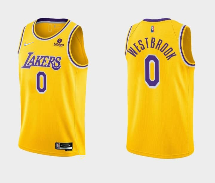 Men's Los Angeles Lakers #0 Russell Westbrook Bibigo Yellow Stitched Basketball Jersey