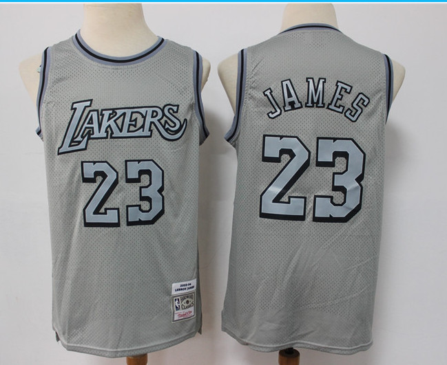 Men's Los Angeles Lakers #23 LeBron James Grey Throwback Stitched Basketball Jersey