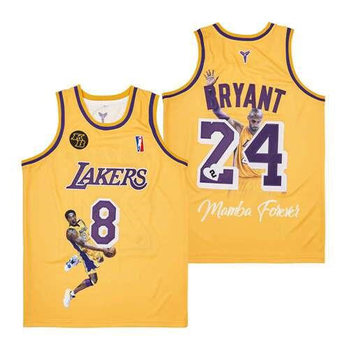 Men's Lakers Front #8 Back #24 Kobe Bryant Yellow With KB Patch Fashion Jersey