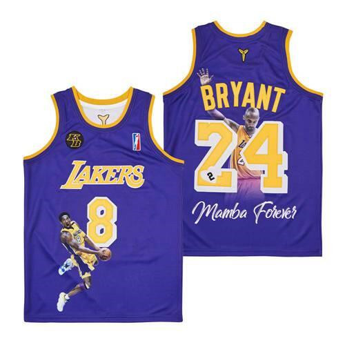 Men's Lakers Front #8 Back #24 Kobe Bryant Purple With KB Patch Fashion Jersey