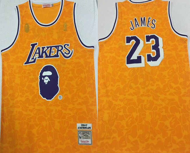 Lakers Bape 23 Lebron James Yellow 1996-97 Hardwood Classics Jersey