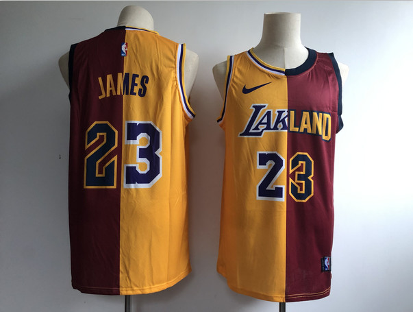 Lakers 23 Lebron James Gold Burgundy Split Nike Swingman Jersey