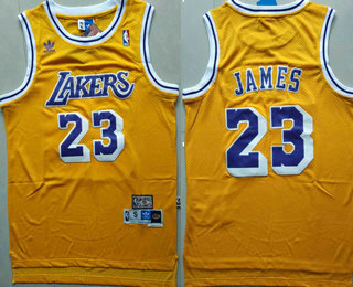 Men's Los Angeles Lakers #23 LeBron James Yellow Swingman Stitched NBA Throwback Jersey