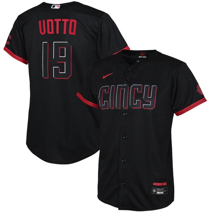 Youth Cincinnati Reds #19 Joey Votto Black 2023 City Connect Stitched Baseball Jersey