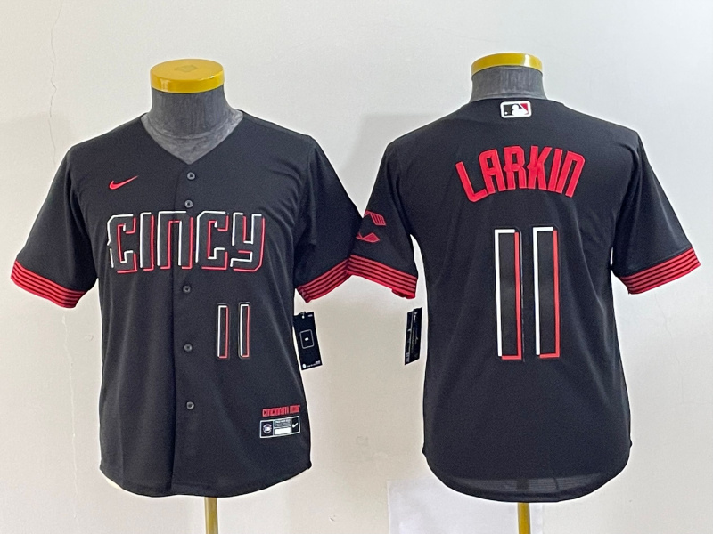 Youth Cincinnati Reds #11 Barry Larkin Black 2023 City Connect With Patch Stitched Baseball Jersey