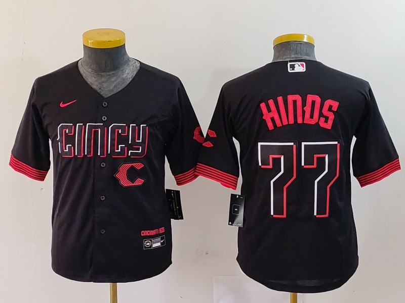 Youth Cincinnati Reds #77 Rece Hinds Black 2023 City Connect Stitched Baseball Jersey 6