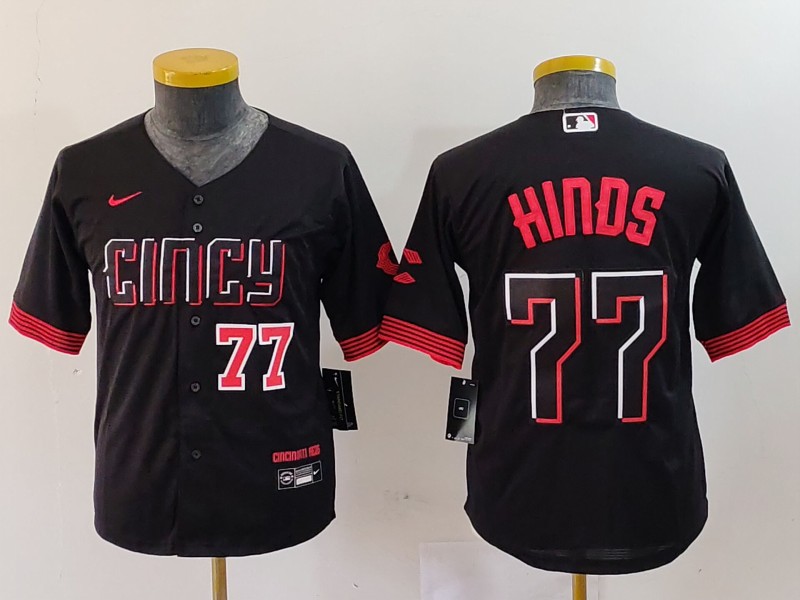 Youth Cincinnati Reds #77 Rece Hinds Black 2023 City Connect Stitched Baseball Jersey 3