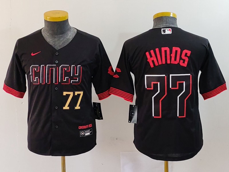 Youth Cincinnati Reds #77 Rece Hinds Black 2023 City Connect Stitched Baseball Jersey 1