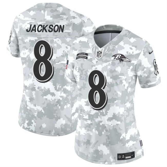 Women's Baltimore Ravens #8 Lamar Jackson 2024 F.U.S.E Arctic Camo Salute To Service Limited Stitched Football Jersey(Run Small)