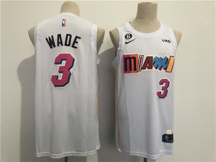 Men's Miami Heat #3 Dwyane Wade 2022 23 White City Edition With NO.6 Patch Stitched Jersey