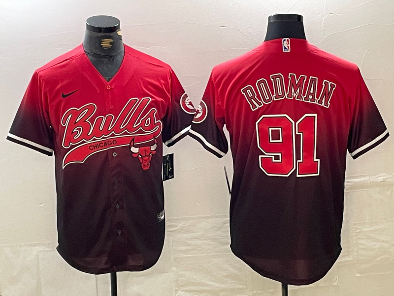 Men's Chicago Bulls #91 Dennis Rodman Red Black With Patch Cool Base Stitched Baseball jerseys 6