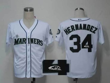 Seattle Mariners 34# Felix Hernandez White Throwback M&N MLB Jerseys(Signed)